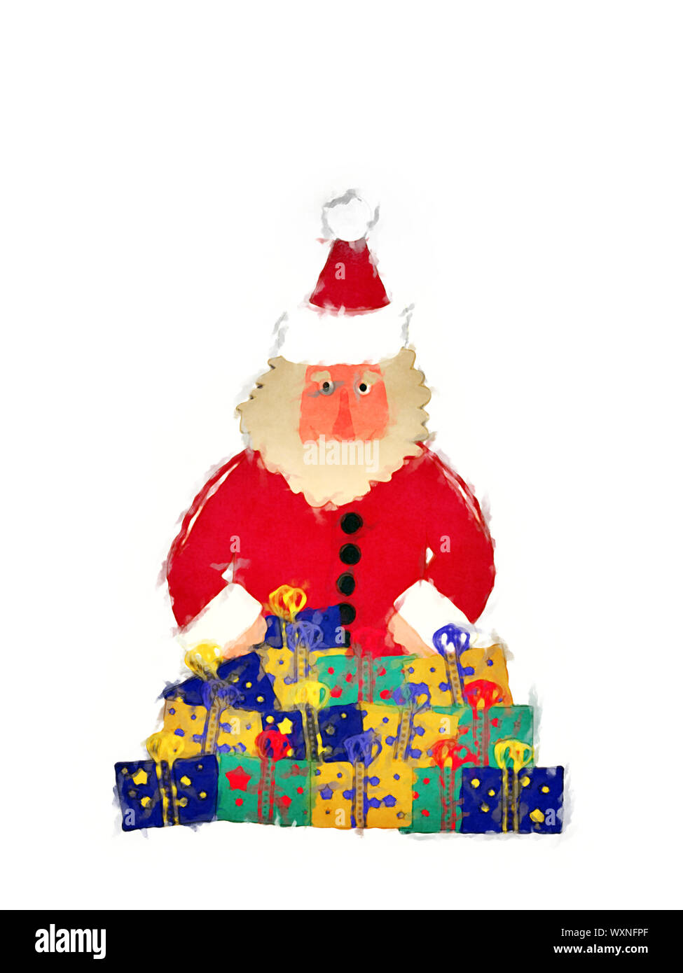 Water color picture of Santa Claus in red coat with Christmas presents and white background Stock Photo