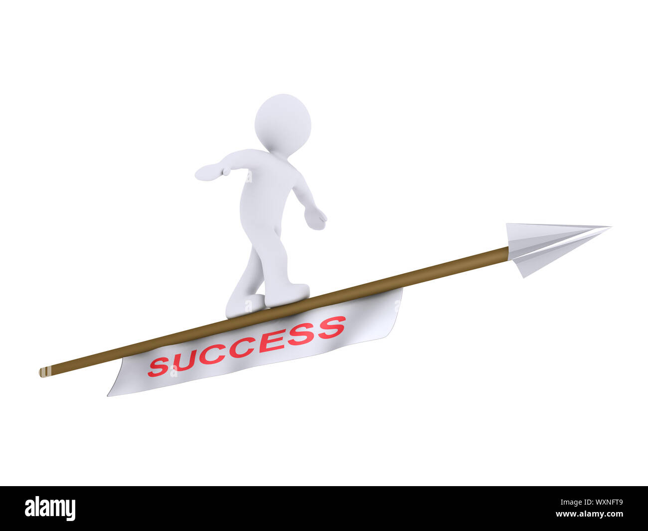 3d person is trying to balance on a flying arrow with a success tag Stock Photo