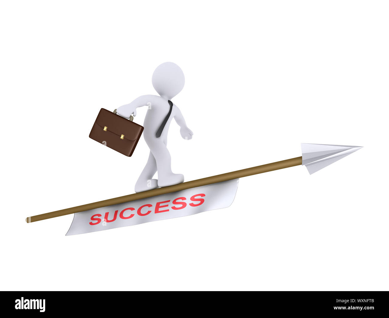 3d businessman is trying to balance on a flying arrow with a success tag Stock Photo