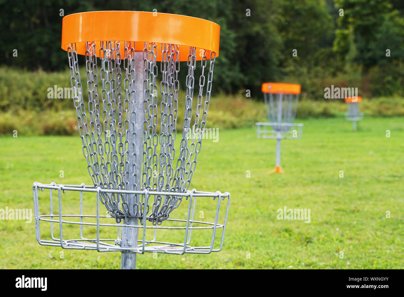 Disc golf basket in the park Stock Photo Alamy