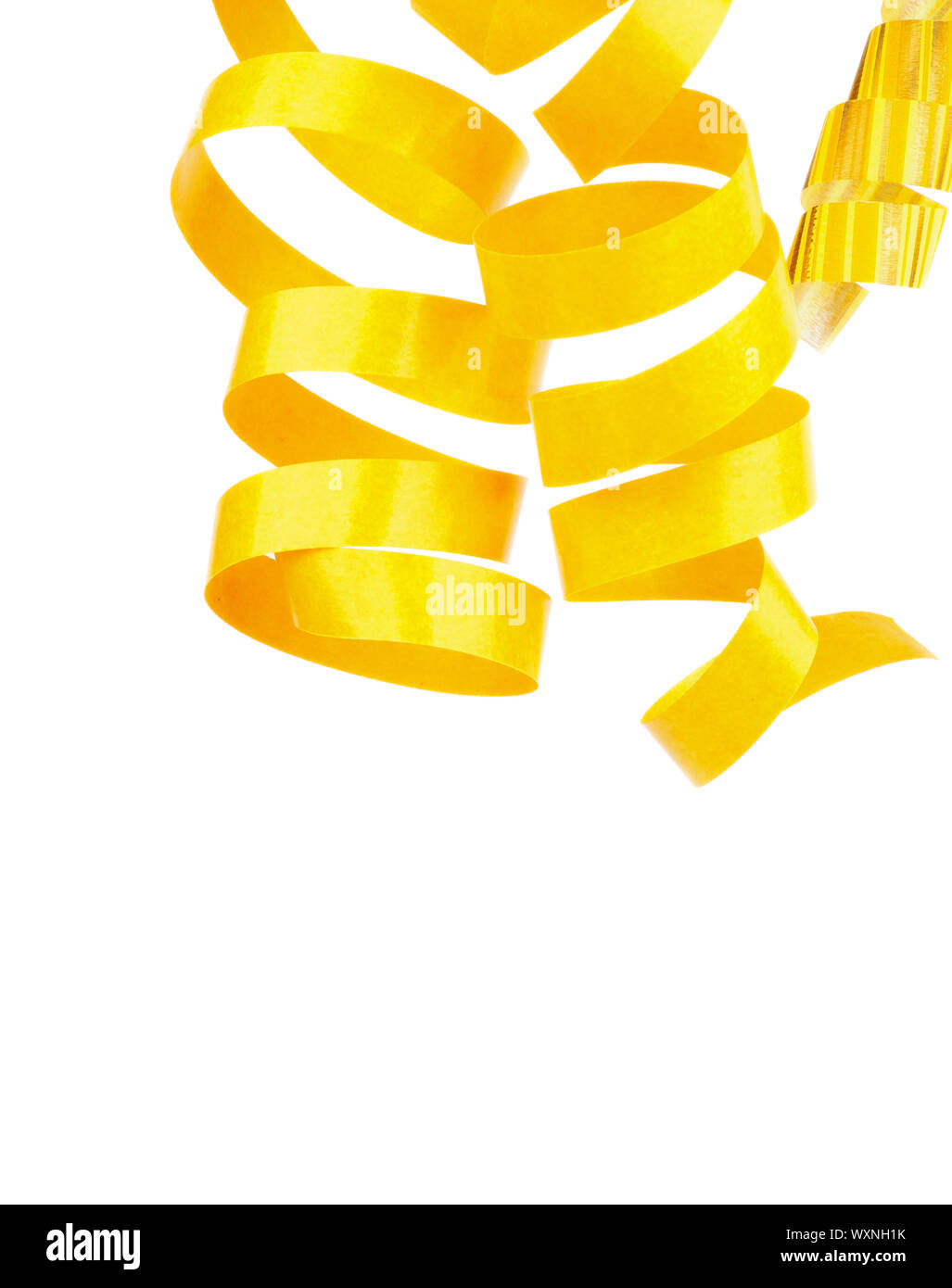 Three Yellow Hanging Curly Party Streamers isolated on white background