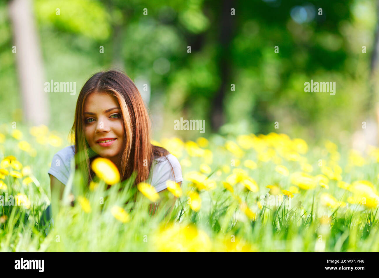 Beautiful young woman lying on grass with flowers Stock Photo - Alamy
