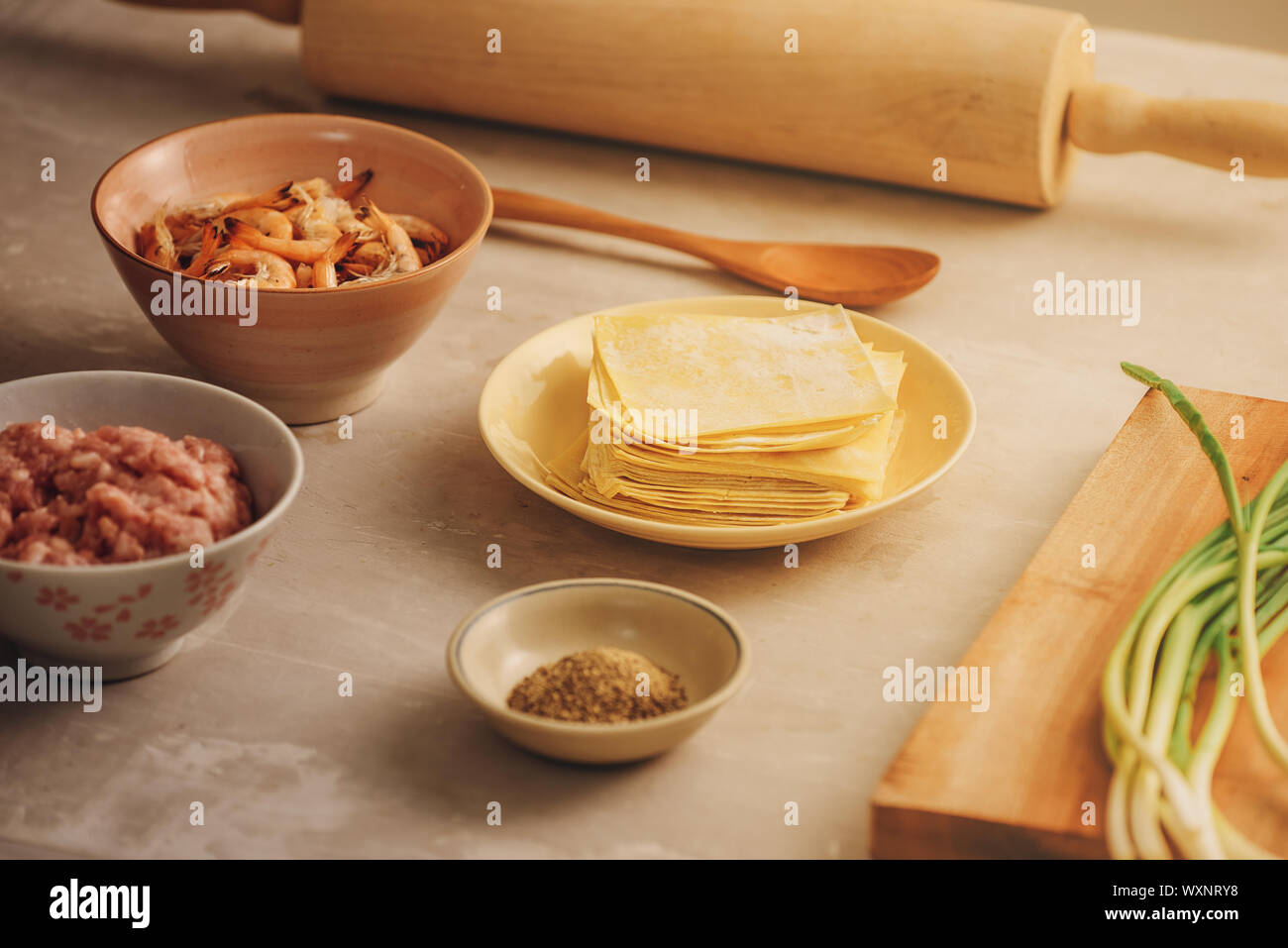 Hong Kong style Wonton ingredients shrimp, ground pork and wonton