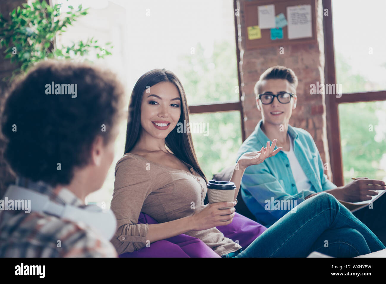 Three adorable smart, clever business people, entrepreneurs, bea Stock ...