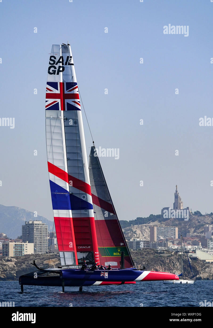 Great Britain SailGP Team helmed by Dylan Fletcher in action on the Rade de Marseille as they practise for the final SailGP event of Season 1 in Marseille. Stock Photo