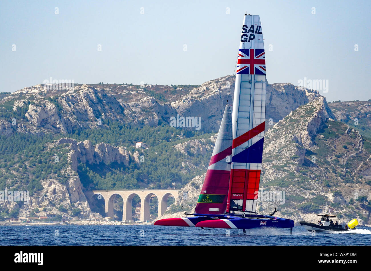 Great Britain SailGP Team helmed by Dylan Fletcher in action on the Rade de Marseille as they practise for the final SailGP event of Season 1 in Marseille. Stock Photo