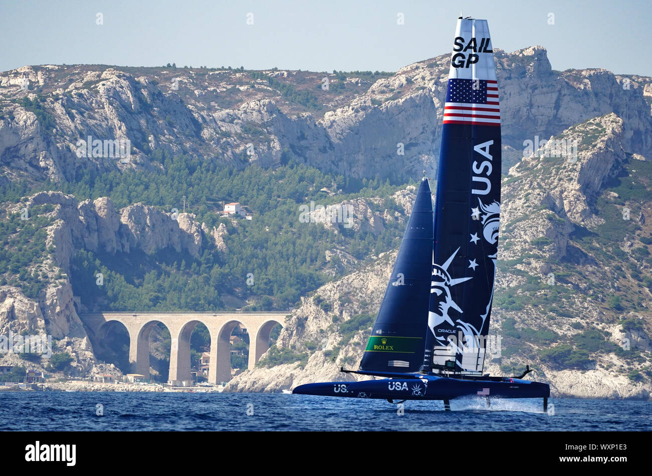 USA SailGP Team helmed by Rome Kirby in action on the Rade de Marseille as they practise for the final SailGP event of Season 1 in Marseille. Stock Photo