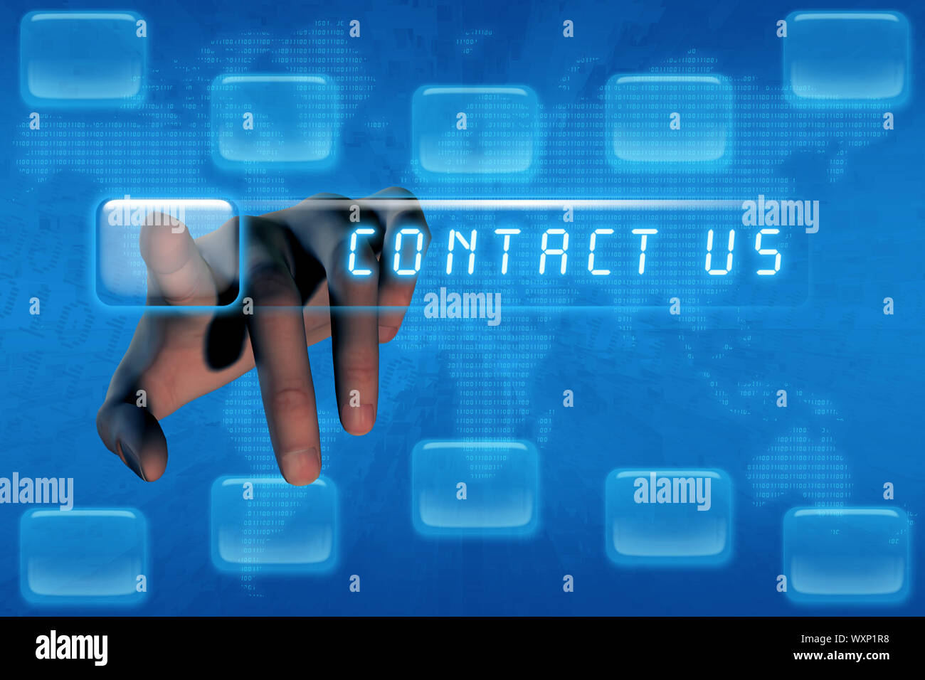 Hand pushing contact us button on a touch screen interface Stock Photo