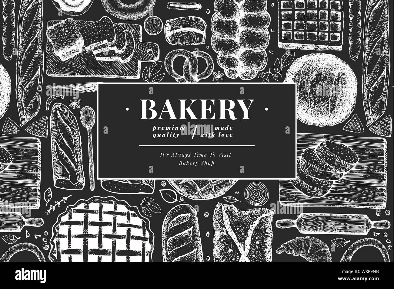 Bread and pastry banner. Vector bakery hand drawn illustration on chalk