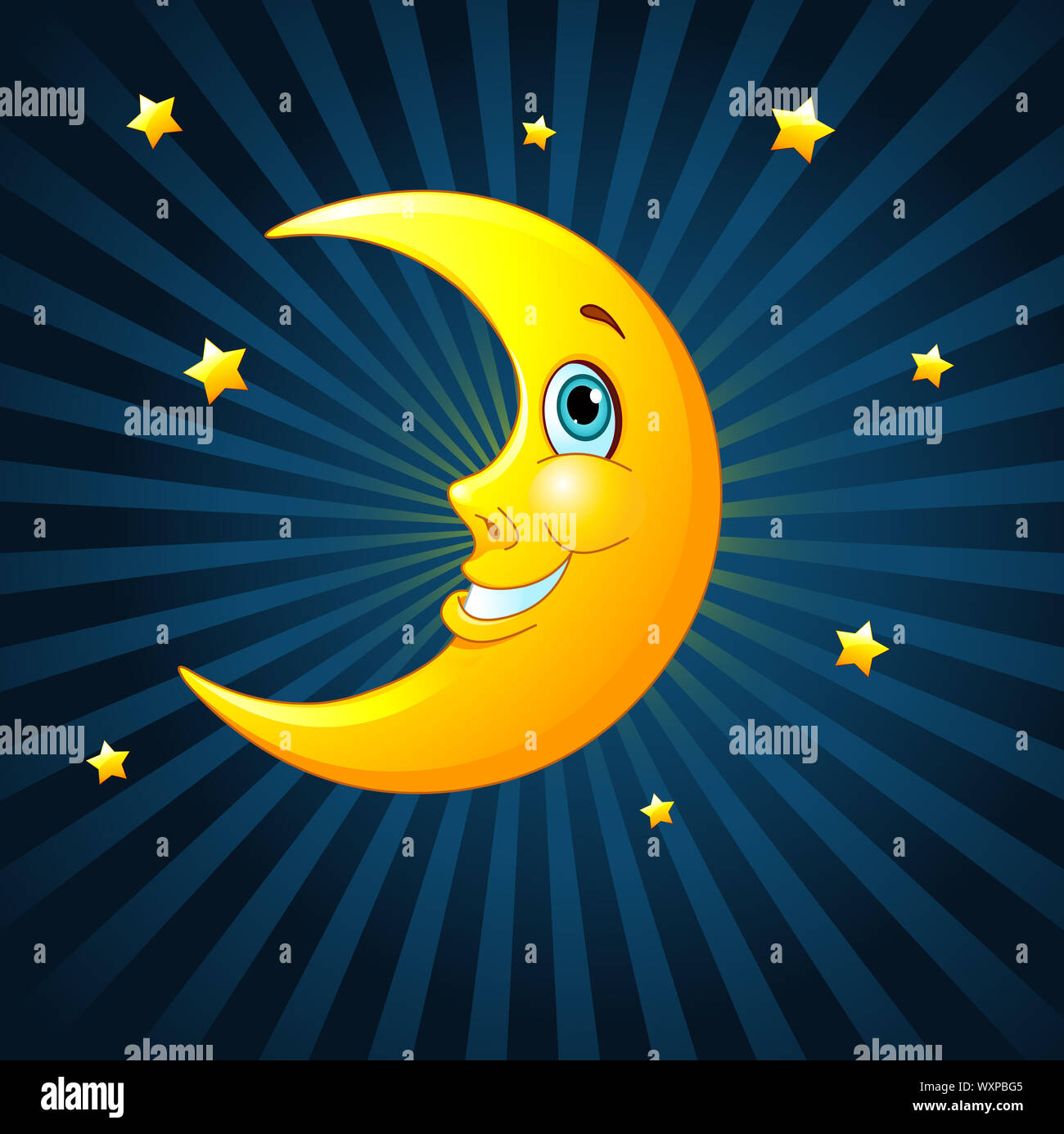Smiling moon on radial background. Stock Photo