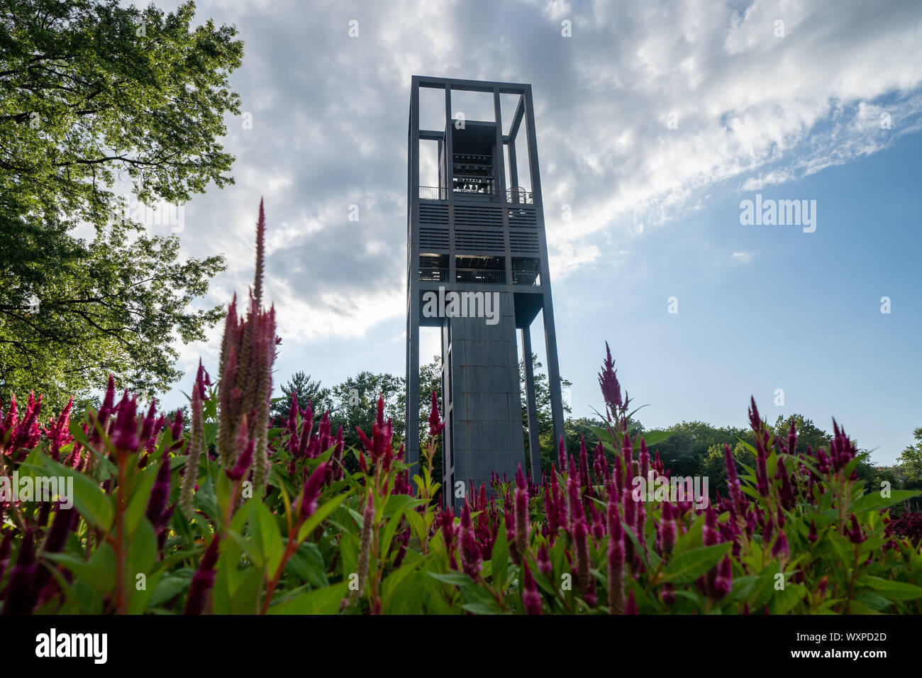 Washington, DC - August 7, 2019: Netherlands Carillon, a 127-foot tall steel tower in Arlington Ridge Park, with flowers in foreground Stock Photo