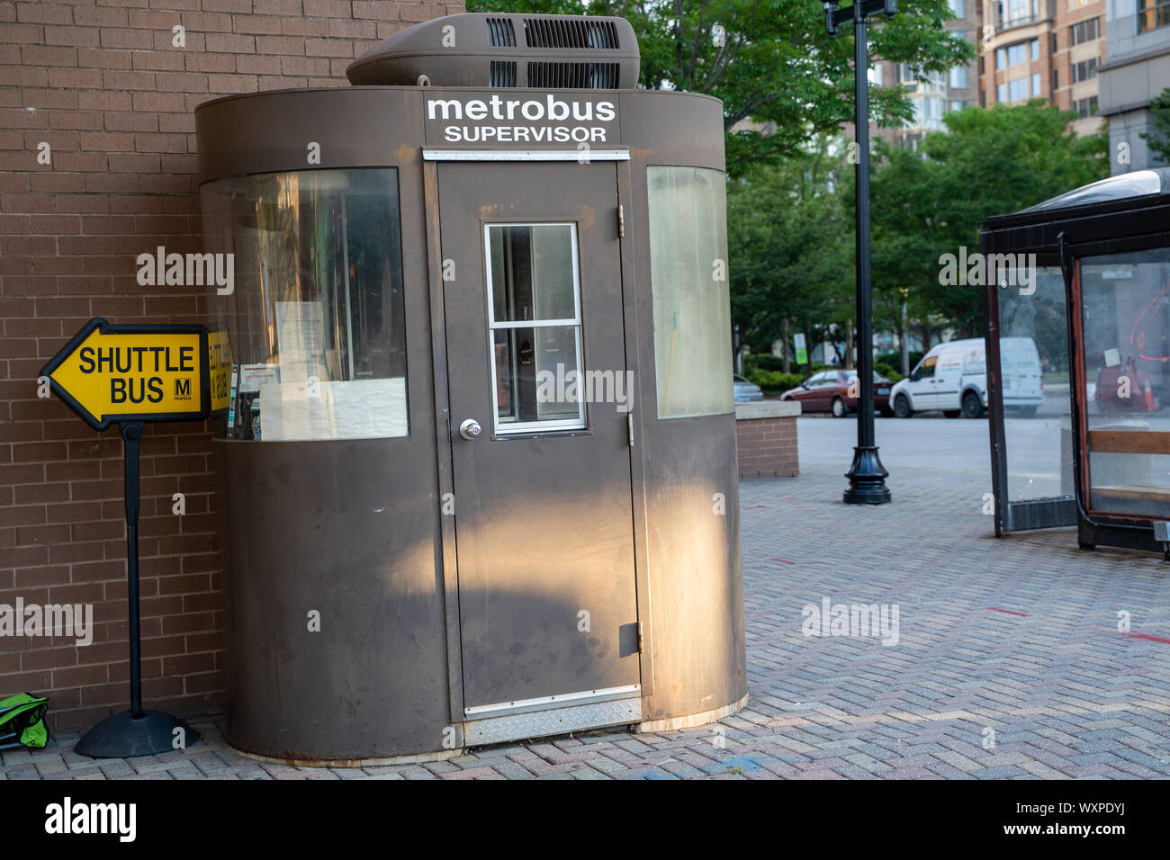 Arlington, Virginia August 7, 2019 A DC Metrobus Supervisor station booth, located outside of