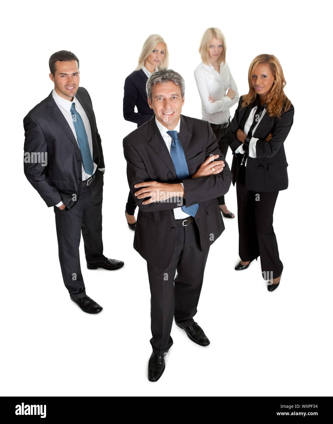 Successful businessman leading his team on white Stock Photo