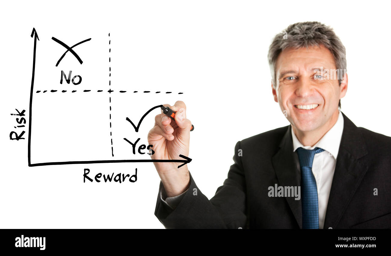 Businessman drawing a risk-reward diagram. Isolated on white Stock ...
