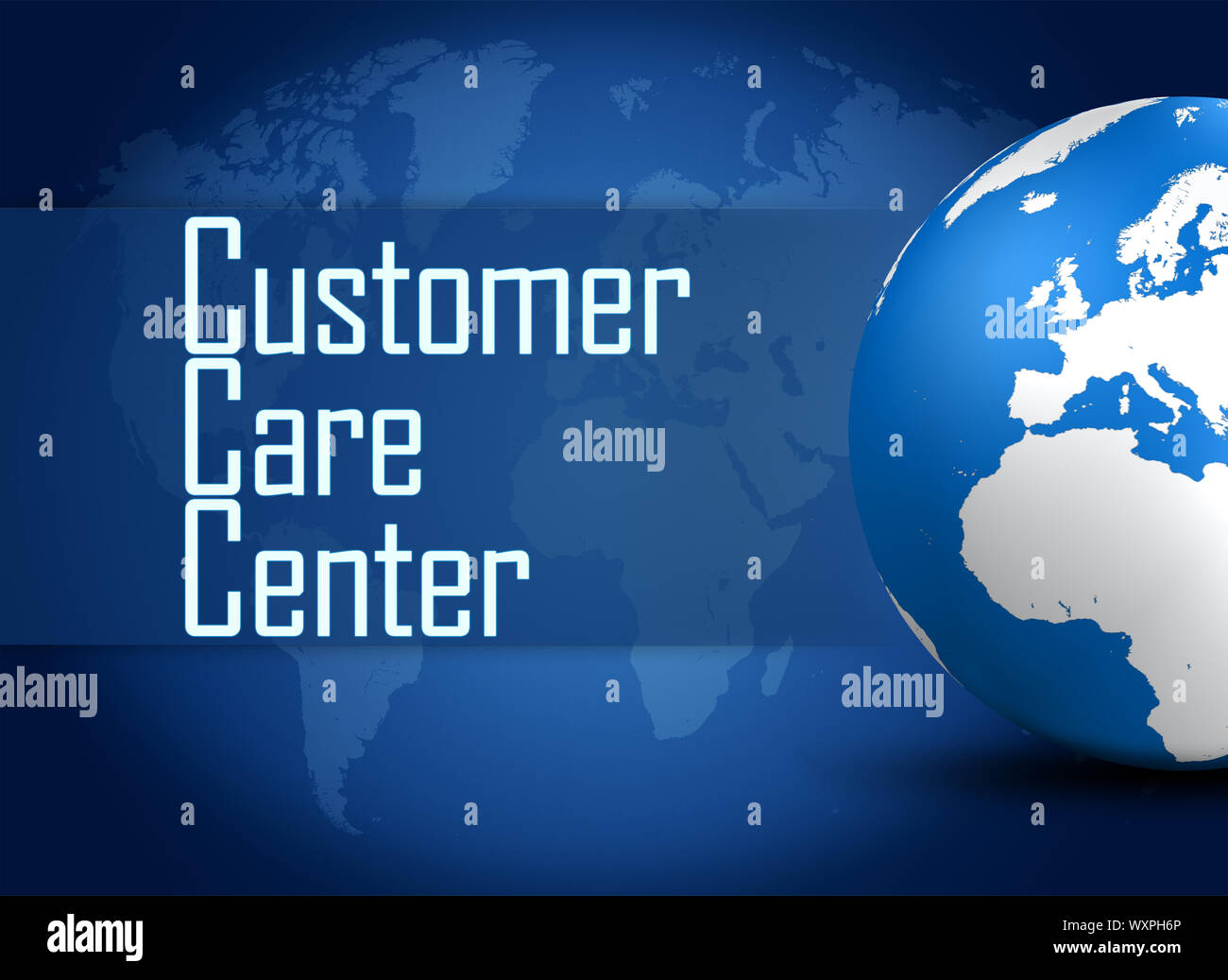 Customer care center concept with globe on blue background stock photo