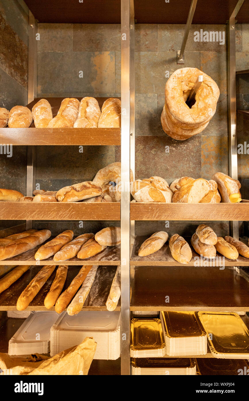 Cambre / Spain - September 16 2019: Bread loaves for sale in Panaderia Martipan in Cambre Coruna Spain Stock Photo