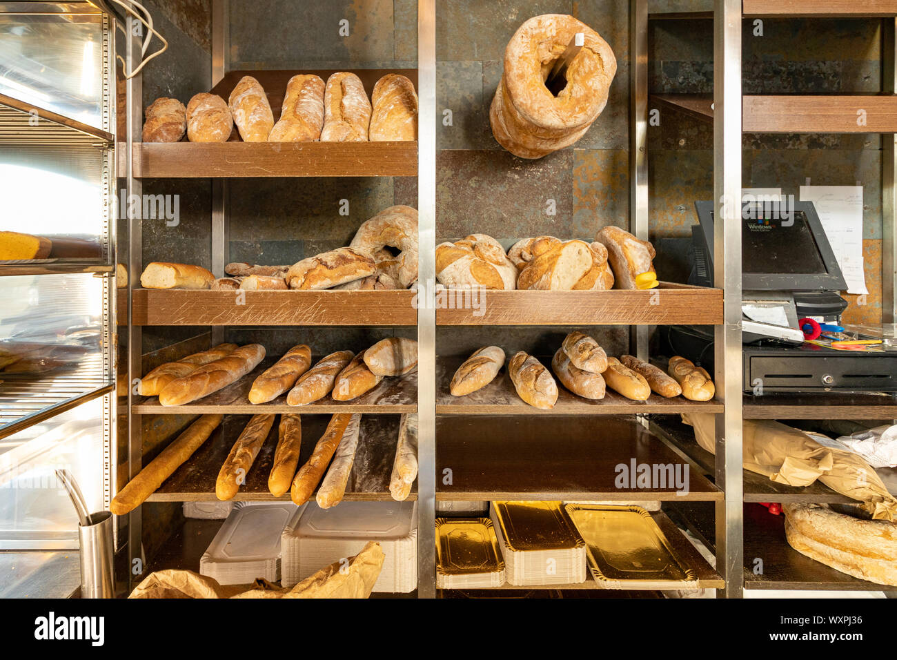 Cambre / Spain - September 16 2019: Bread loaves for sale in local cafe Martipan in Cambre Coruna Spain Stock Photo