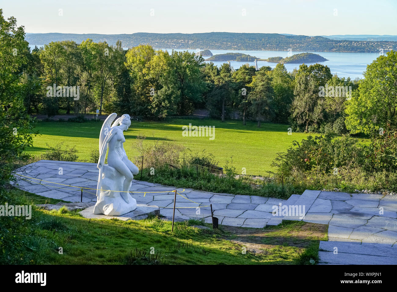Ekebergparken Sculpture Park with sea view and sculpture 'Anatomy of an angel' by the artist Damien Hirst in the fall in Oslo, Norway. Stock Photo