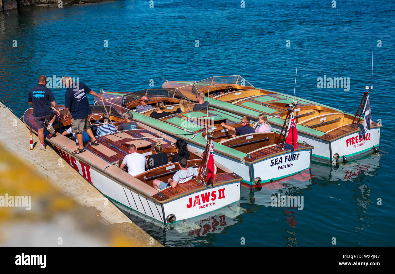 Padstow Cornwall Speedboat rides - high speed tourist trips on the River Camel Estuary and Bay Stock Photo