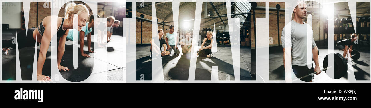 Collage of a group of people lifting weights, doing pushups and relaxing together in a gym with an overlay of the word motivation Stock Photo