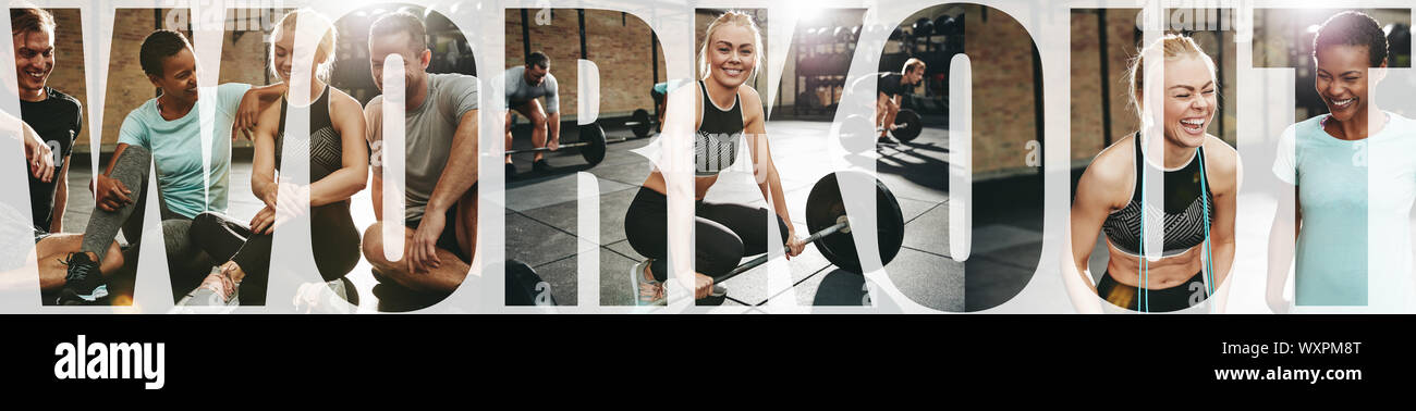 Collage of a smiling fit woman lifting weights and relaxing with friends after exercising at the gym with an overlay of the word workout Stock Photo