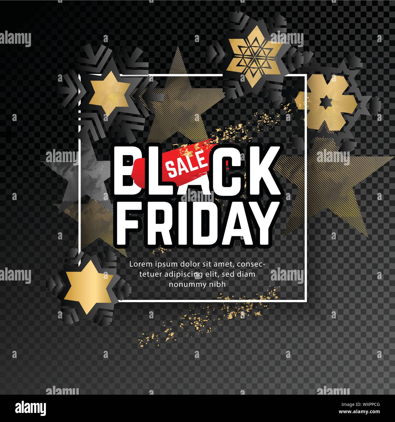 Black friday banner. White square frame on black transparent background. Red blots and Black snowflakes Stock Vector