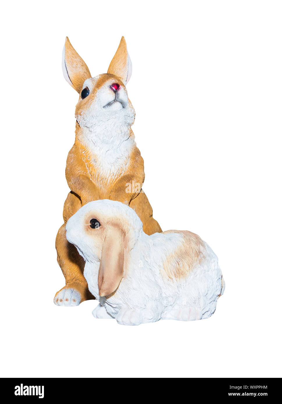 Two rabbits dolly toy is standing isolated on a white background Stock Photo