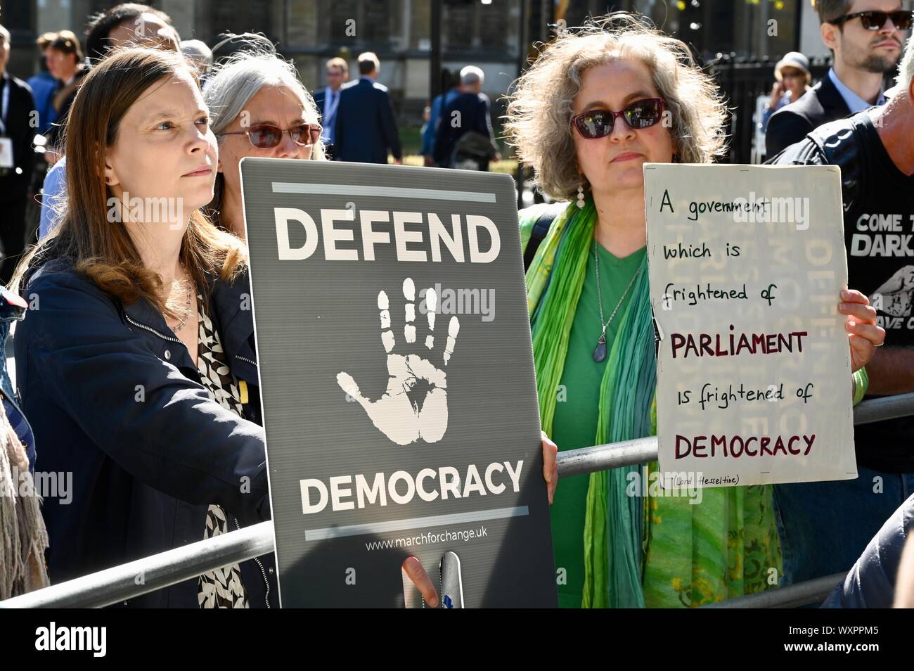Anti Brexit Protesters gather outside the Supreme Court as Judges began a three day hearing to decide if the decision to prorogue Parliament by Boris Johnson is unlawful. The Supreme Court, Little George Street, London. UK Stock Photo