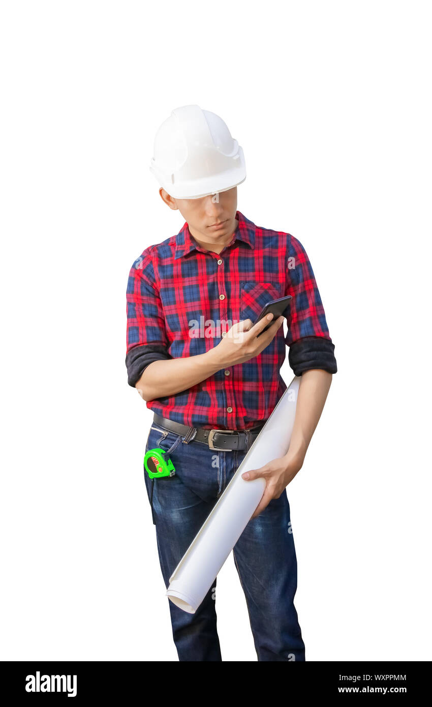 Engineer using cell phone with hand holding rolled blueprints and wear white safety helmet plastic on white background. construction concept Stock Photo