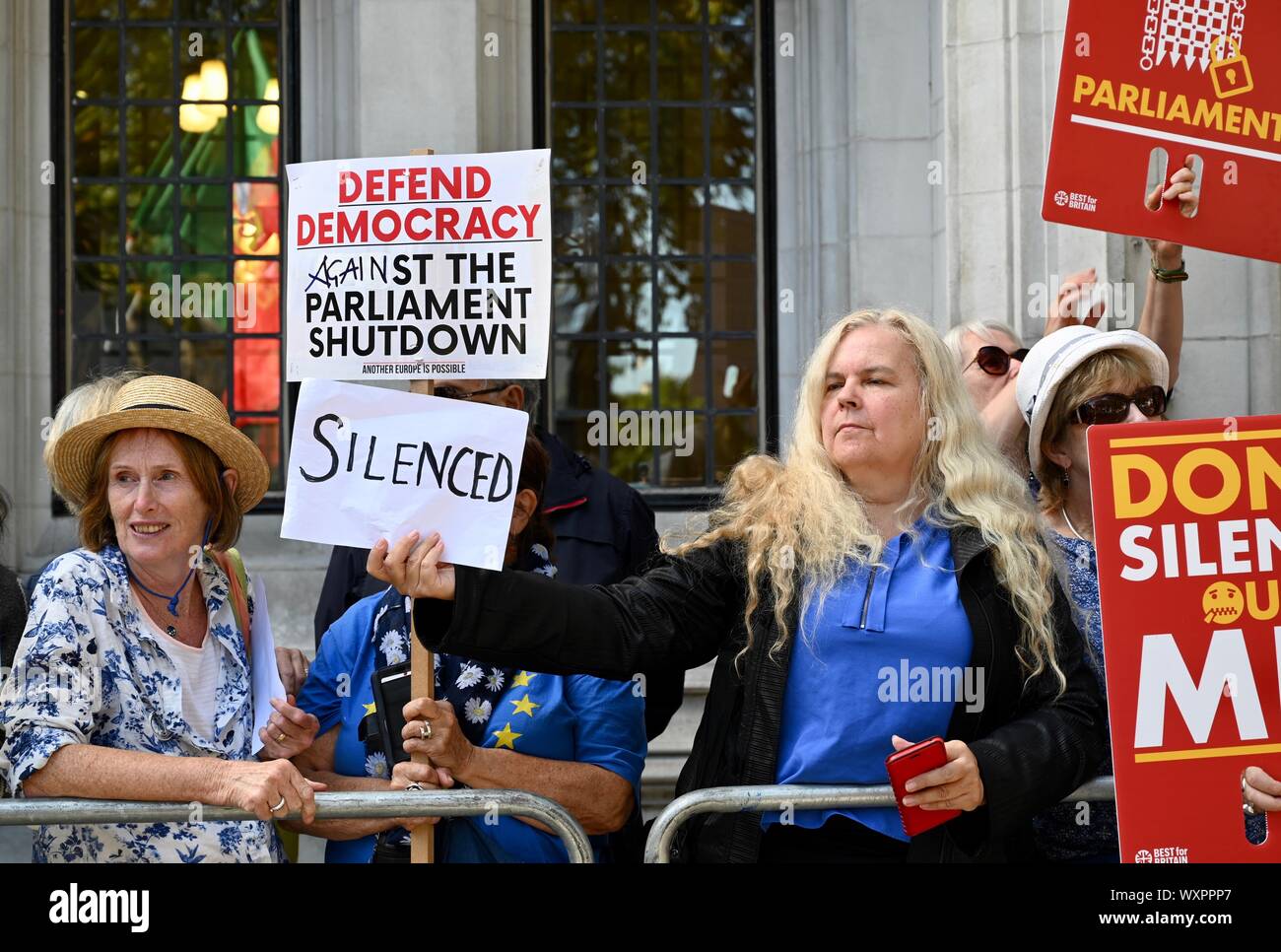 Anti Brexit Protesters gather outside the Supreme Court as Judges began a three day hearing to decide if the decision to prorogue Parliament by Boris Johnson is unlawful. The Supreme Court, Little George Street, London. UK Stock Photo