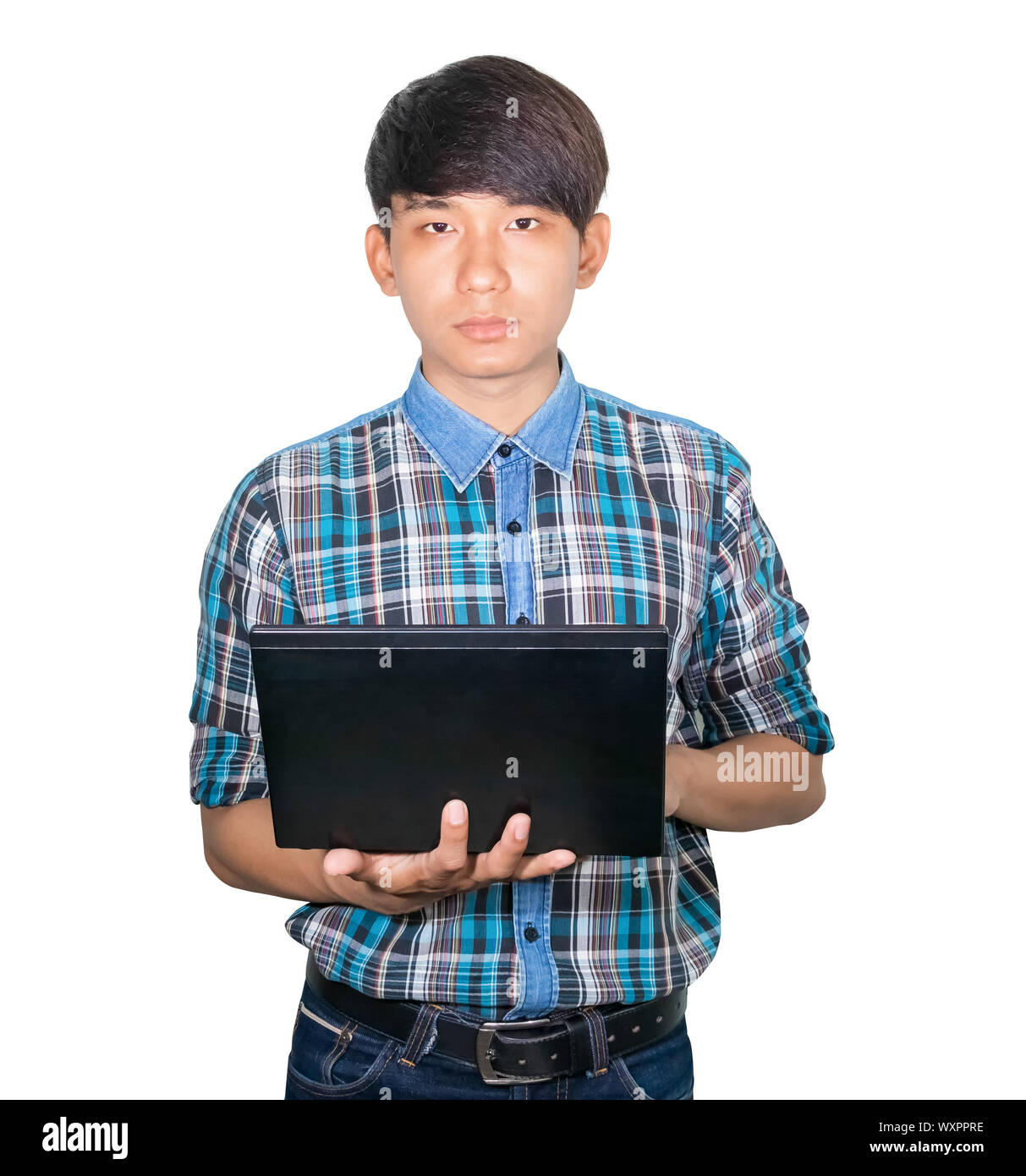 businessman handsome young using Laptop computer on white background Stock Photo