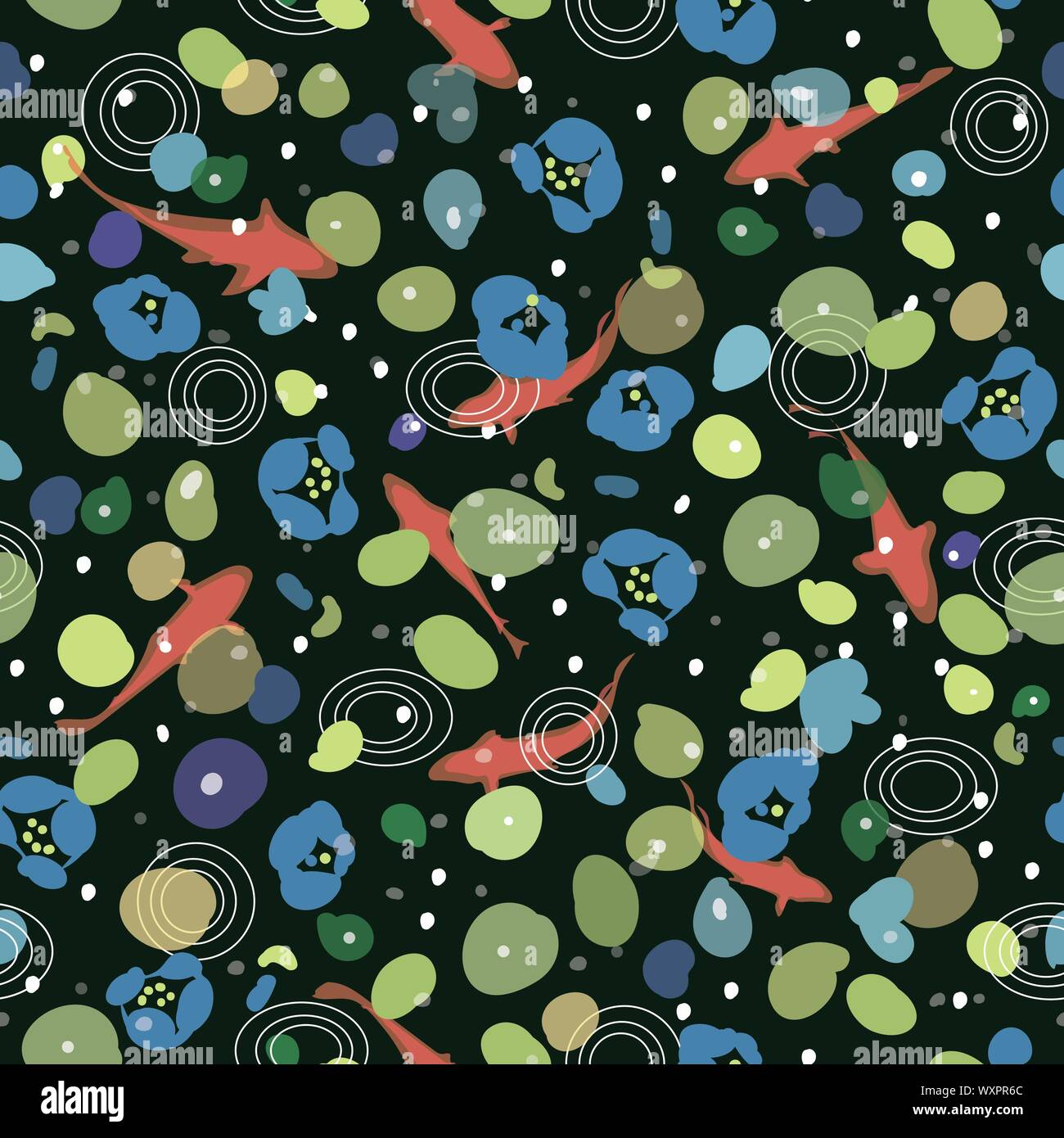 Black vector repeat pattern with fish pond and koi. Floral design with ...