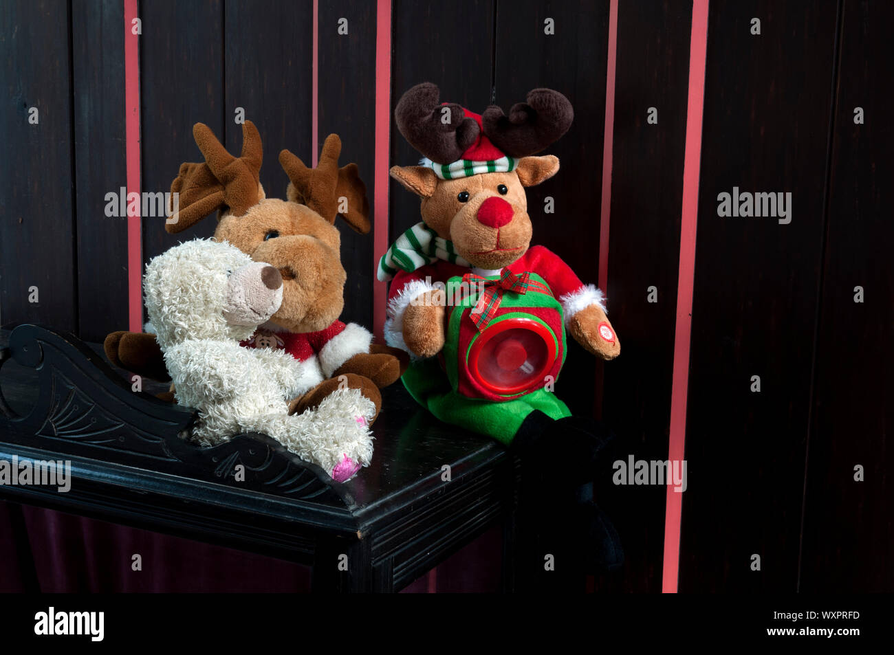Christmassy stuffed toys inside a church Stock Photo