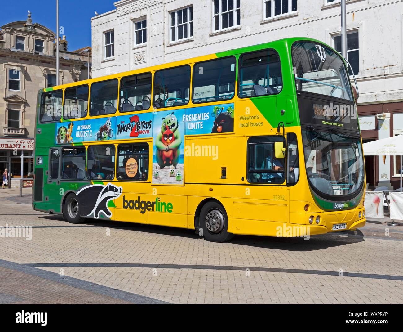 A Volvo double decker bus owned by FirstGroup subsidiary Badgerline in Weston-super-Mare, UK Stock Photo