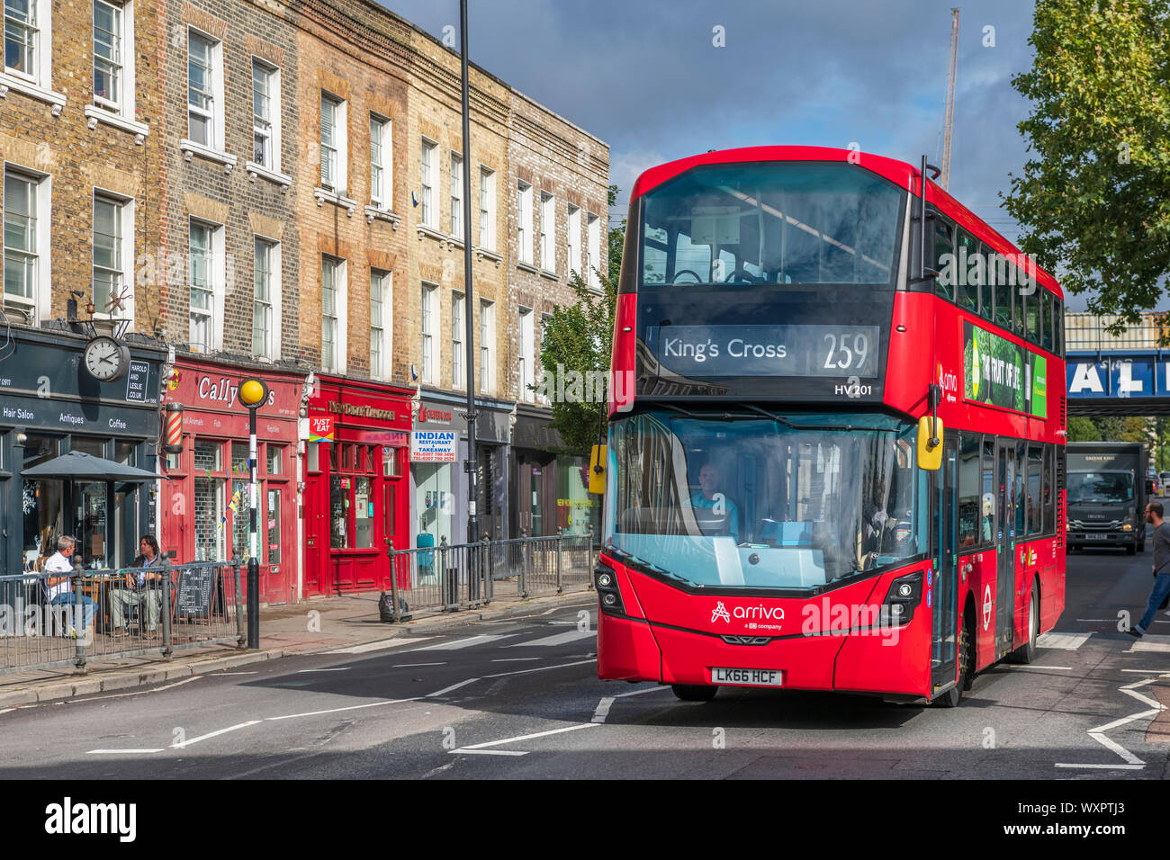 The Caledonian Road, or 'The Cally' as it known, is the main artery road through the North London borough of Islington. Stock Photo