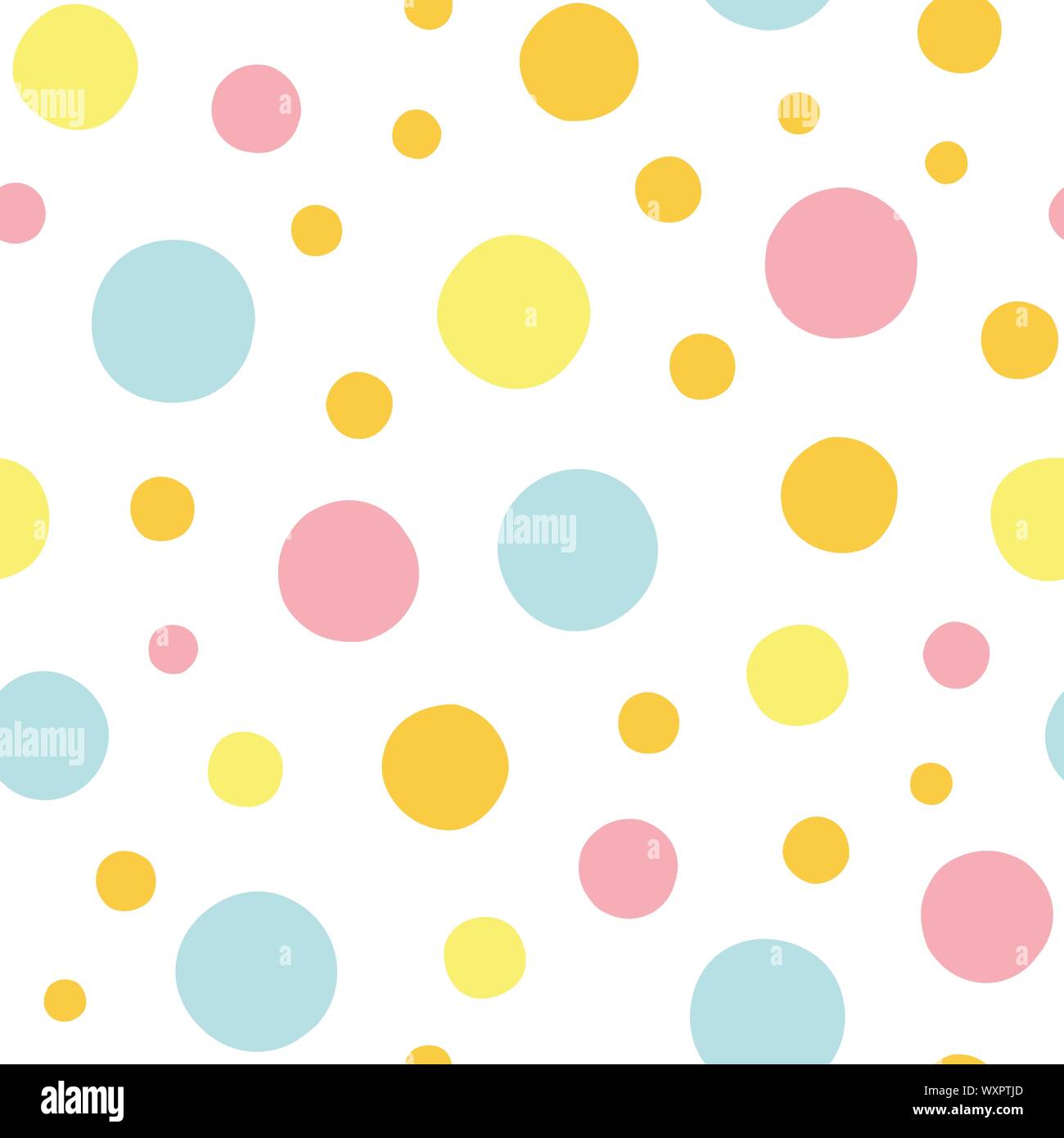 White vector repeat pattern with blue, yellow and pink polka dots ...