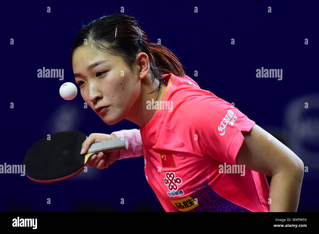 Yogyakarta, Indonesia. 17th Sep, 2019. Liu Shiwen of China serves the ball  to Hirano Miu of Japan during the women's teams final match between China  and Japan at the 2019 Asian Table