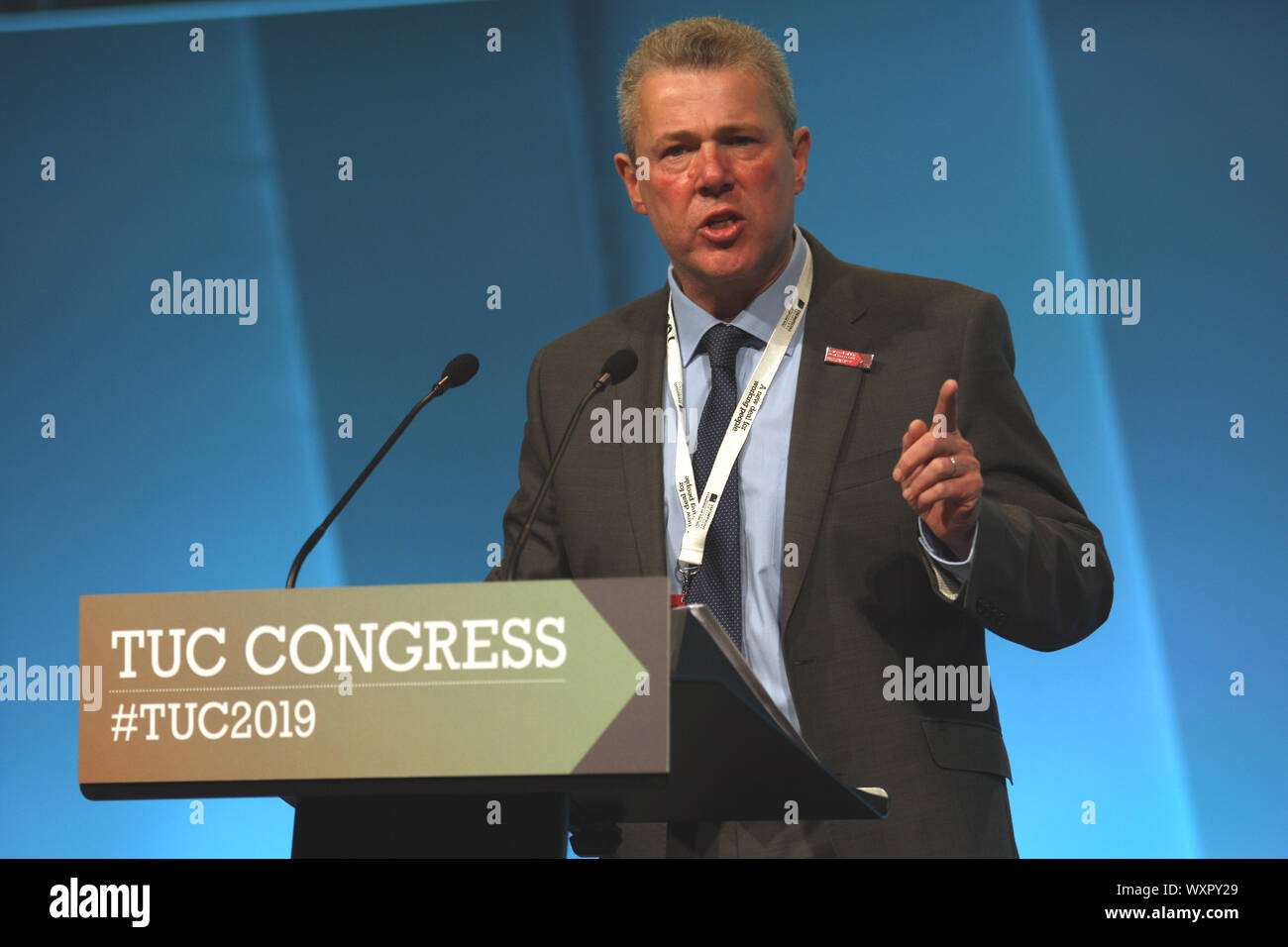 Brighton, UK, 8th September 2019 - Mark Serwotka, General Secretary of the Public & Commercial Service Union  (PCS) gives his speech at TUC Congress Stock Photo