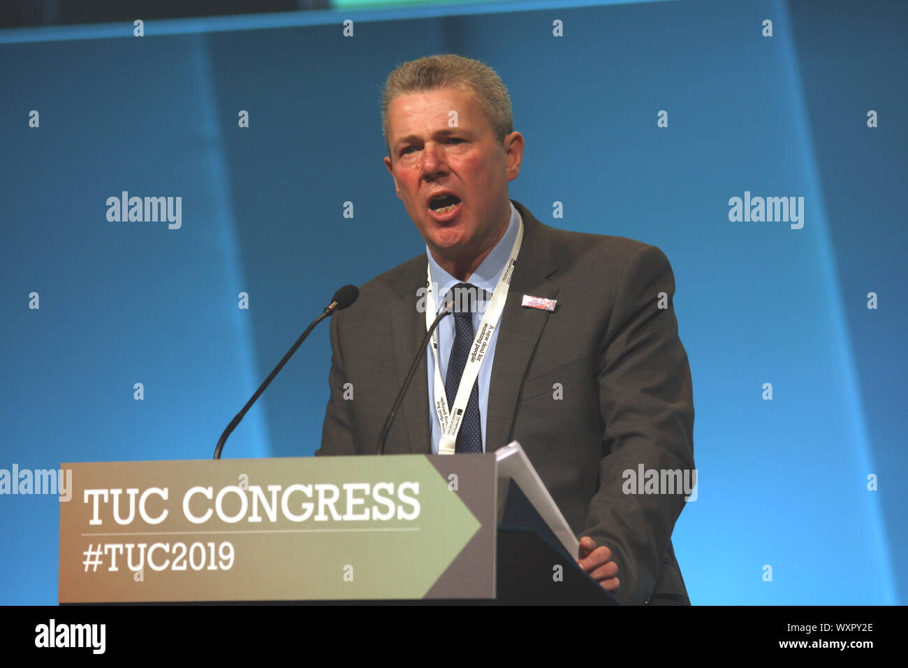 Brighton, UK, 8th September 2019 - Mark Serwotka, General Secretary of the Public & Commercial Service Union  (PCS) gives his speech at TUC Congress Stock Photo