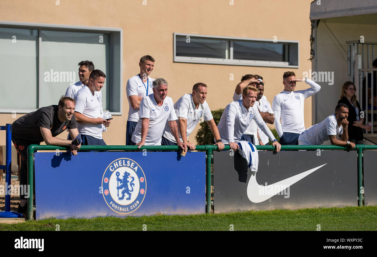 Cobham, UK. 17th Sep, 2019. Petr Cech (left) & Ashley Cole (right) watch the match during the UEFA Youth League match between Chelsea U19 and Valencia Juvenil A at the Chelsea Training Ground, Cobham, England on 17 September 2019. Photo by Andy Rowland. Credit: PRiME Media Images/Alamy Live News Stock Photo