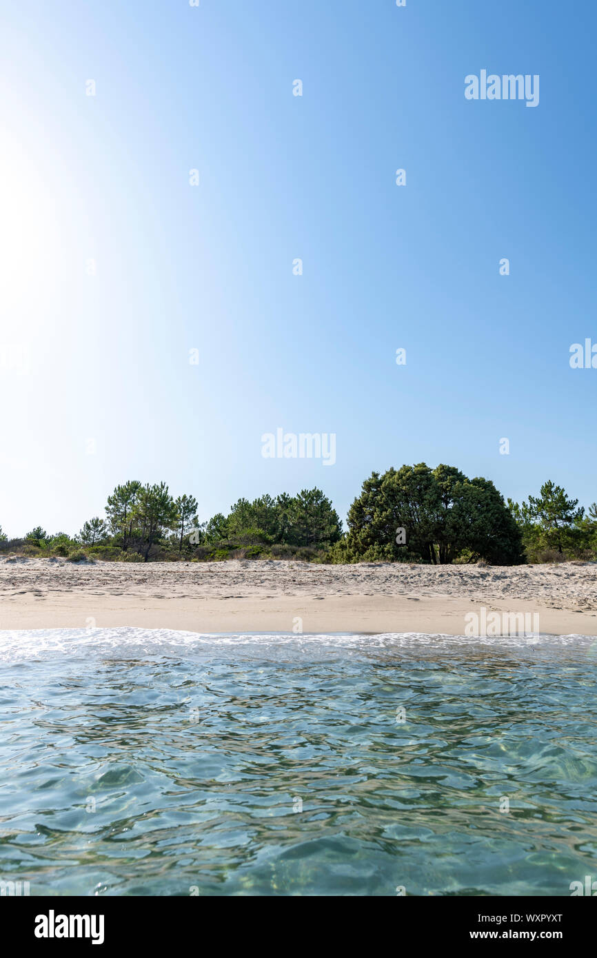Sandy Beach and mediterranean sea during summer with copy space, Ghisonaccia, Corsica, France Stock Photo