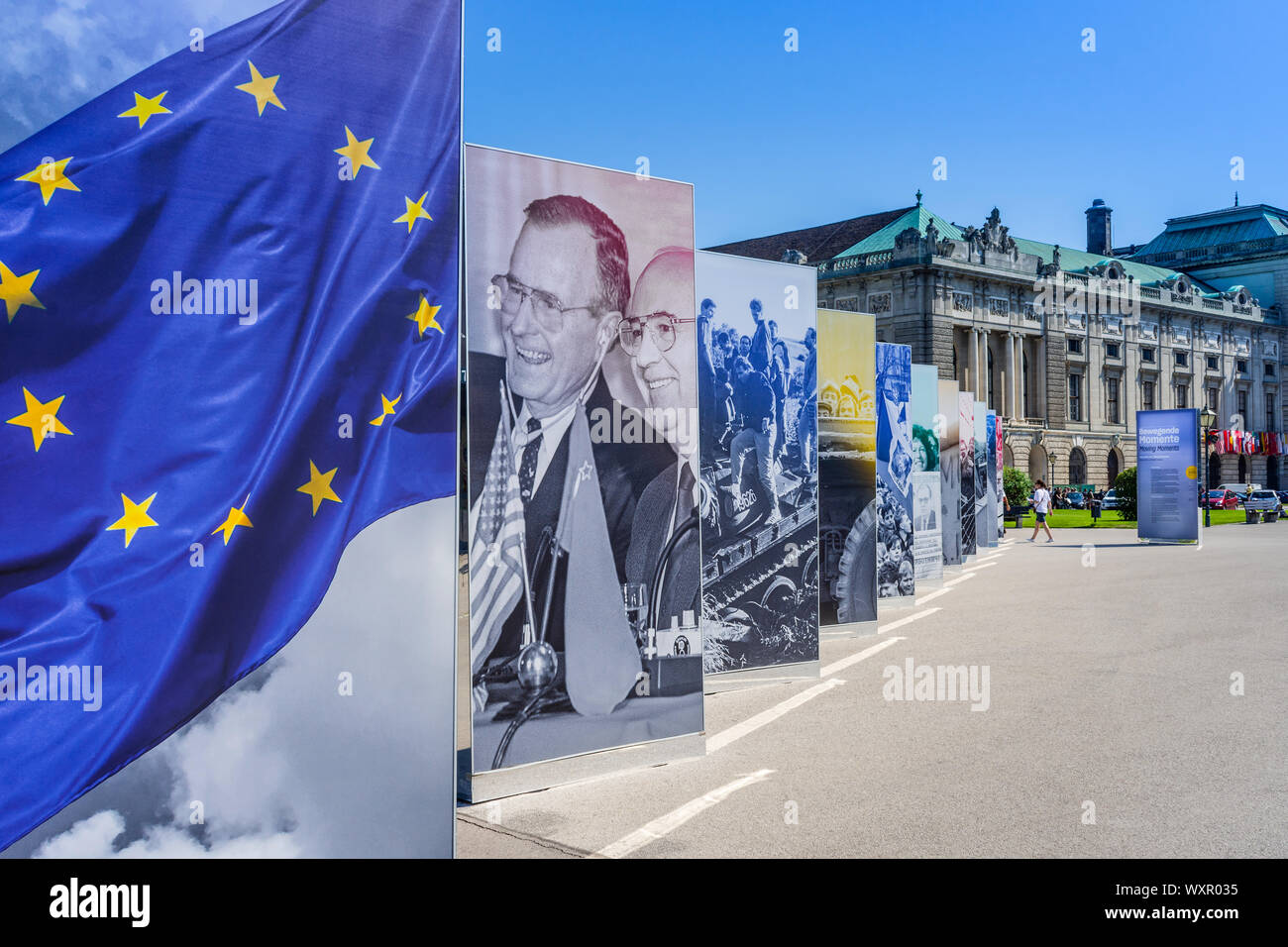 'Moving Moments' photo display celebrating 'The end of a divided Europe' in the Heidenplatz, Vienna, Austria. Stock Photo