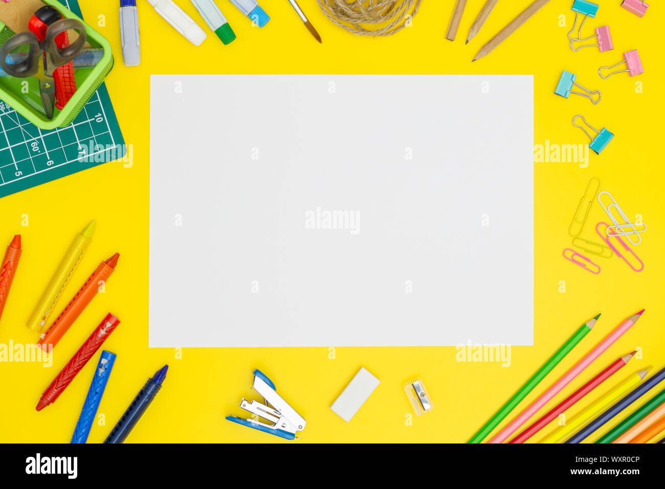 Download Back To School Concept School Supplies Blank Paper Page Mockup On Yellow Table Background With Office Tools Copy Space Flat Lay Stock Photo Alamy PSD Mockup Templates