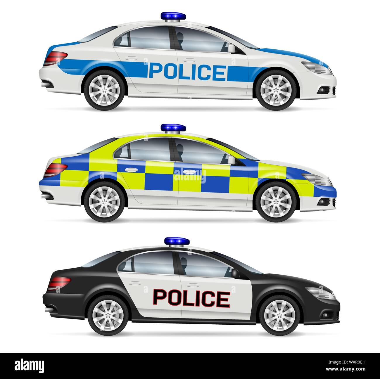 Police cars side view vector illustration isolated on white background. All elements in the groups on separate layers for easy editing and recolor Stock Vector
