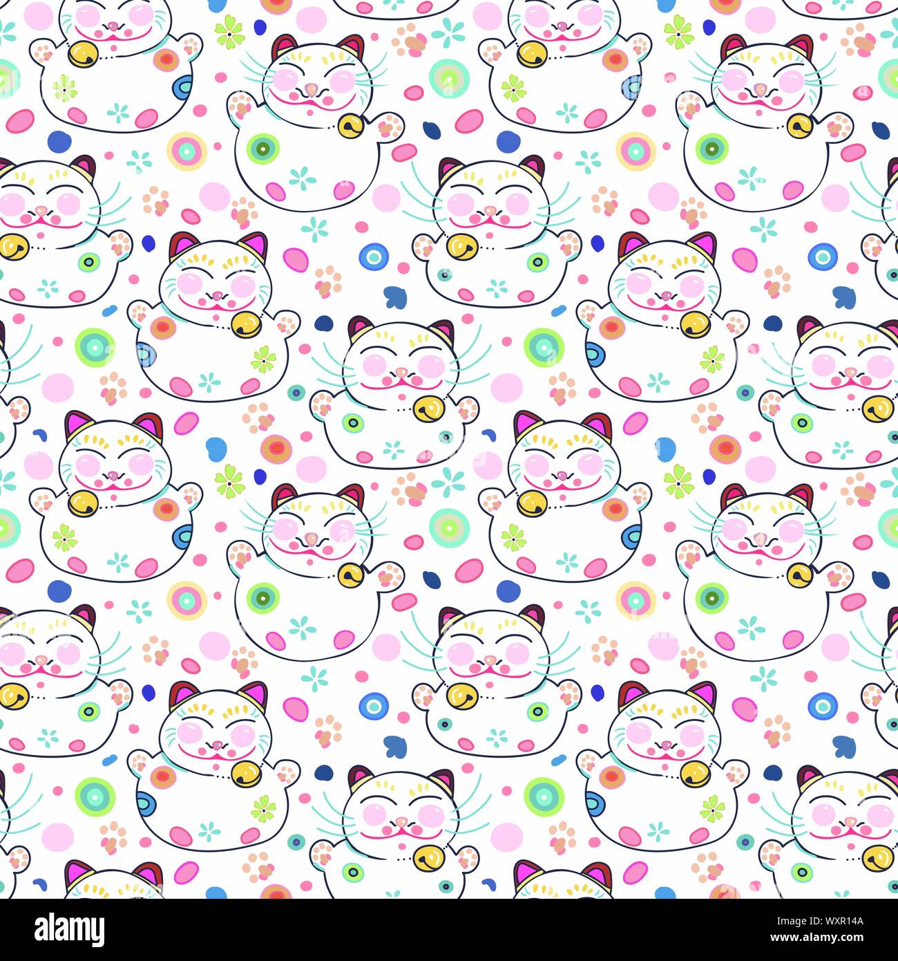 White vector repeat pattern with happy maneki neko cat and pastel ornamental florals. Japan inspired pattern. Comic style. Perfect for paper and textile projects or events. Surface pattern design. Stock Vector