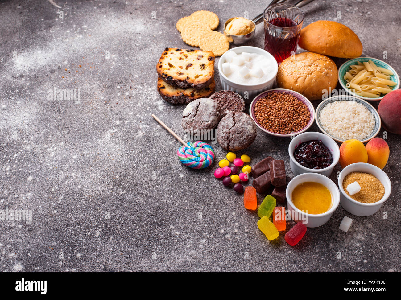 Assortment of simple carbohydrates food Stock Photo
