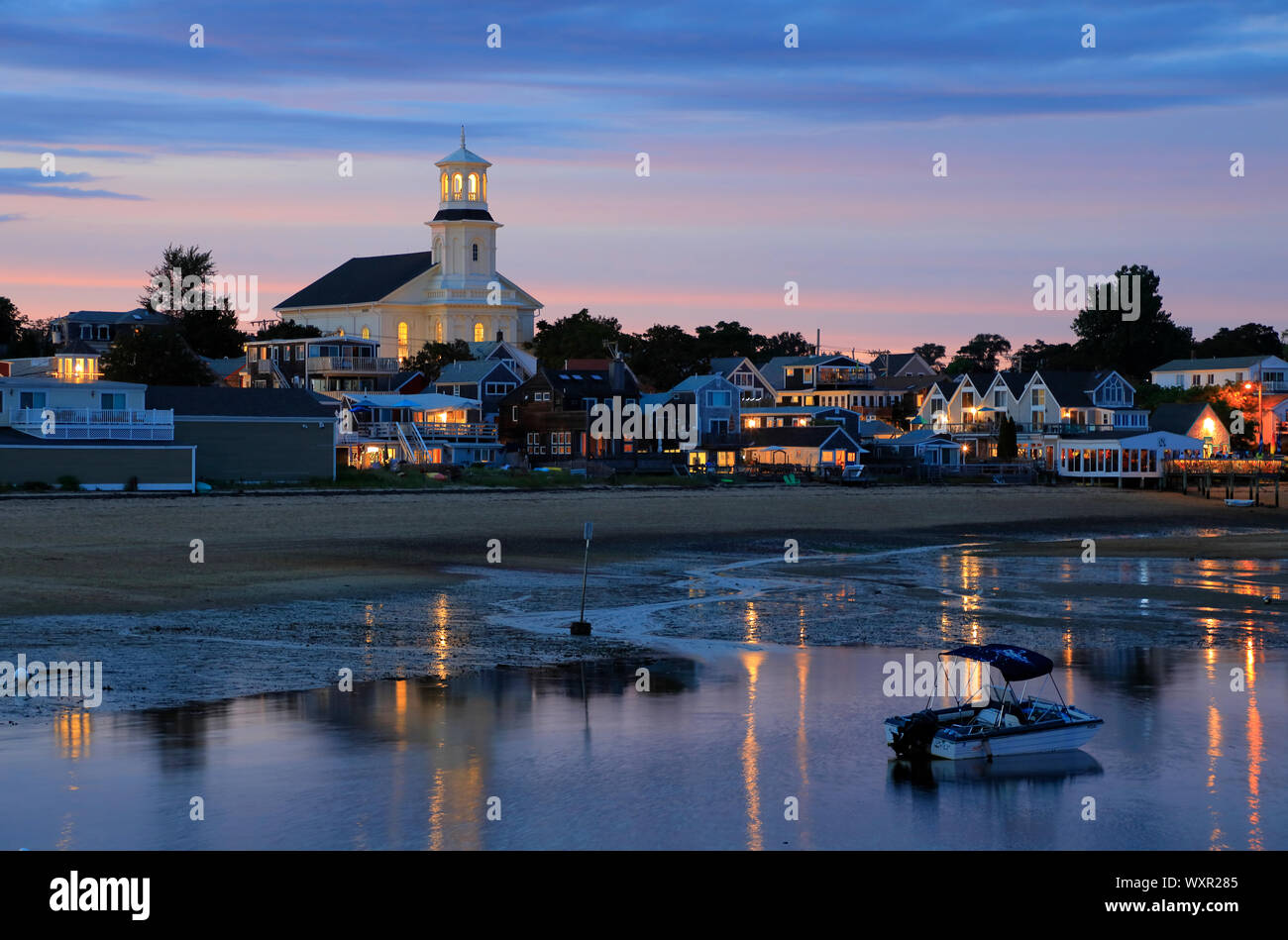 Waterfront of Provincetown during low tide and dusk with Public Library
