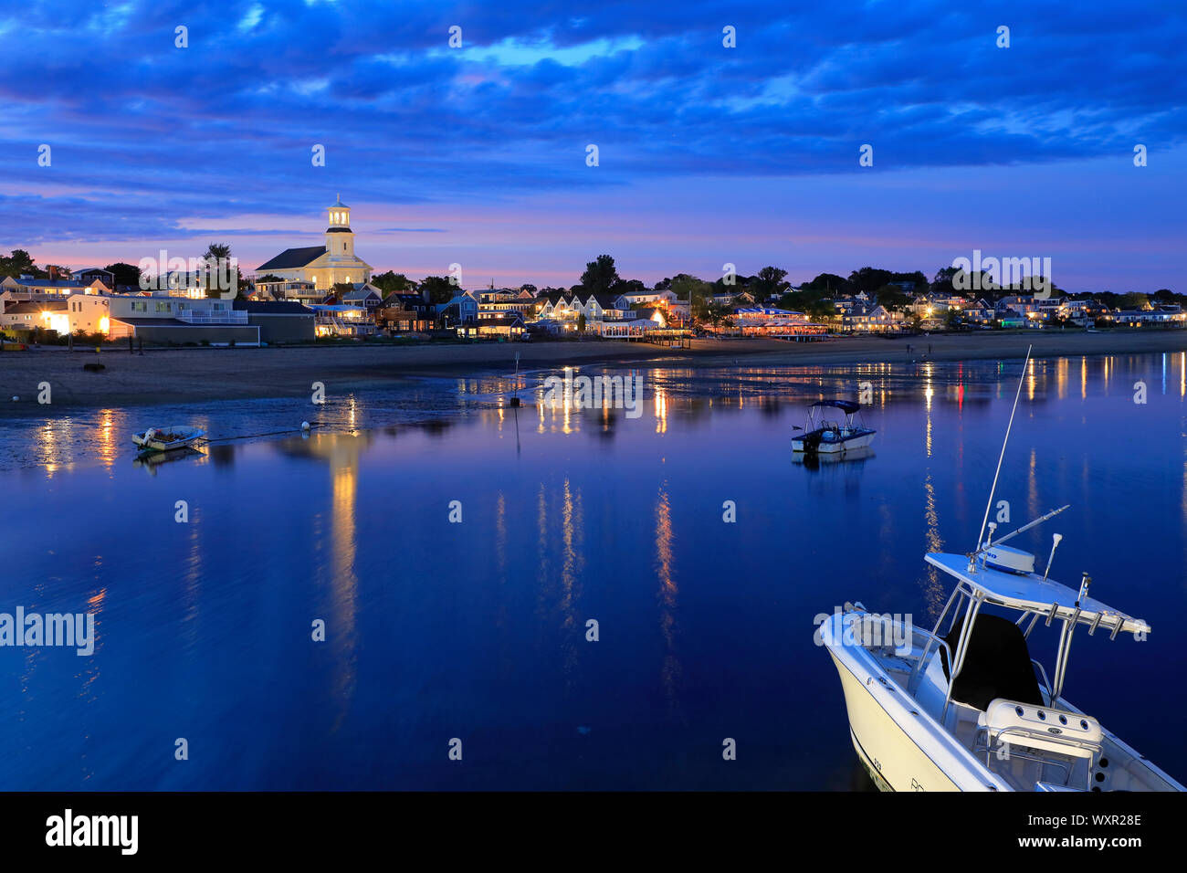 Waterfront of Provincetown during low tide and dusk with Public Library
