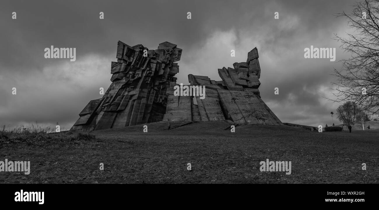 A black and white picture of the Ninth Fort Memorial, in Lithuania. Stock Photo