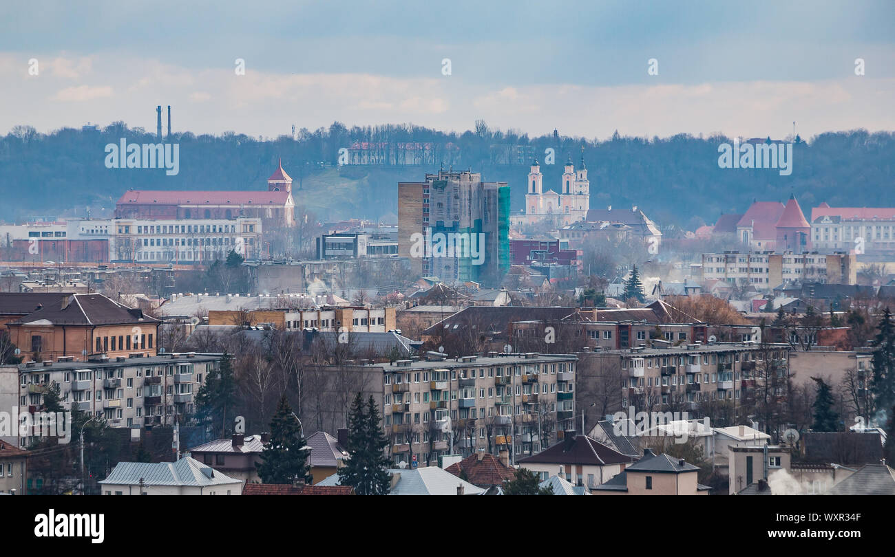 A picture of Kaunas, both the old town and the suburbs, as seen from a vantage point afar. Stock Photo